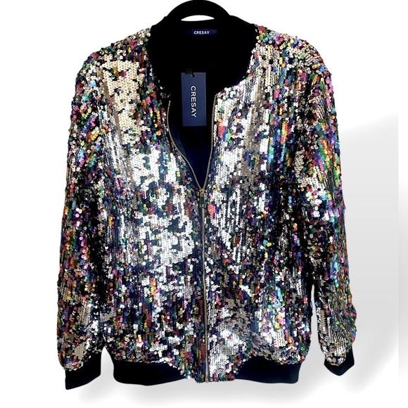 CRESAY Multi Colored Sequined Bomber Jacket Size X-Large Black NWT Hollywood!! - Picture 4 of 14